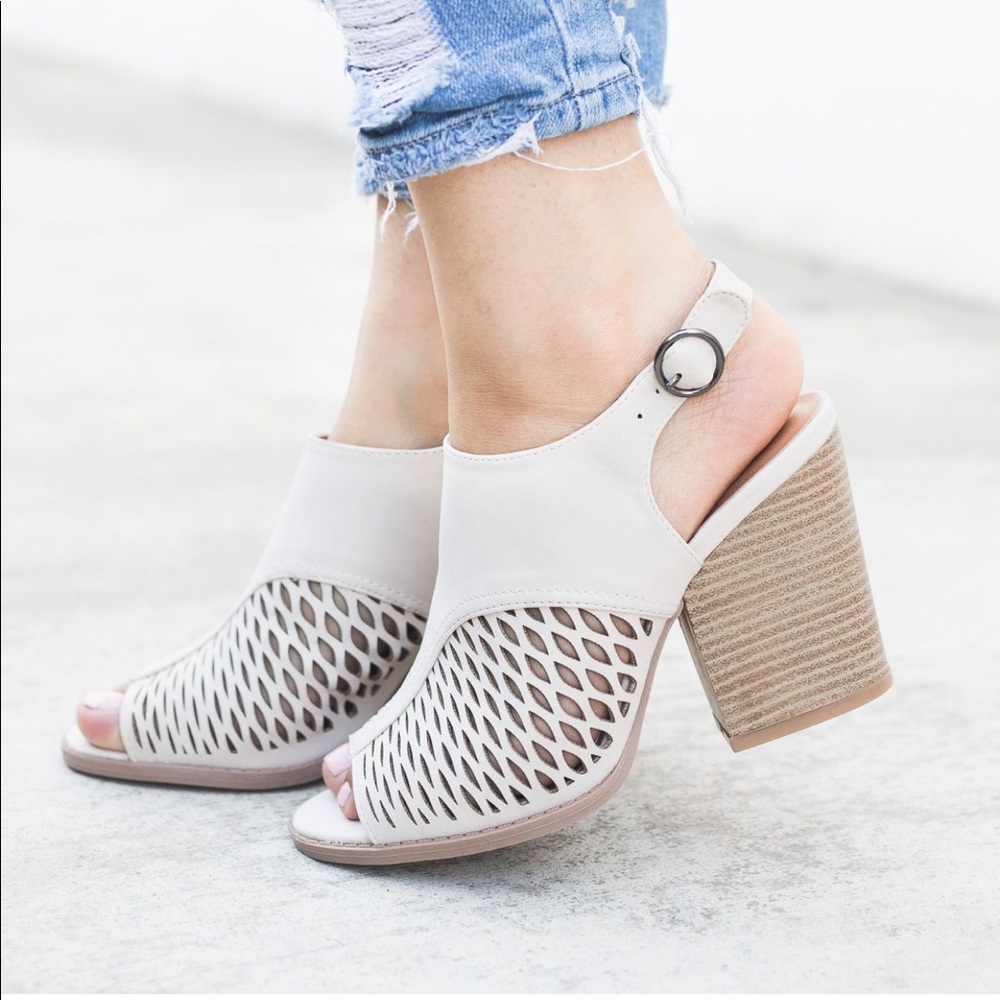 Beige Lattice Accent Open Toe Sling Back Bootie - Picture 2 of 3